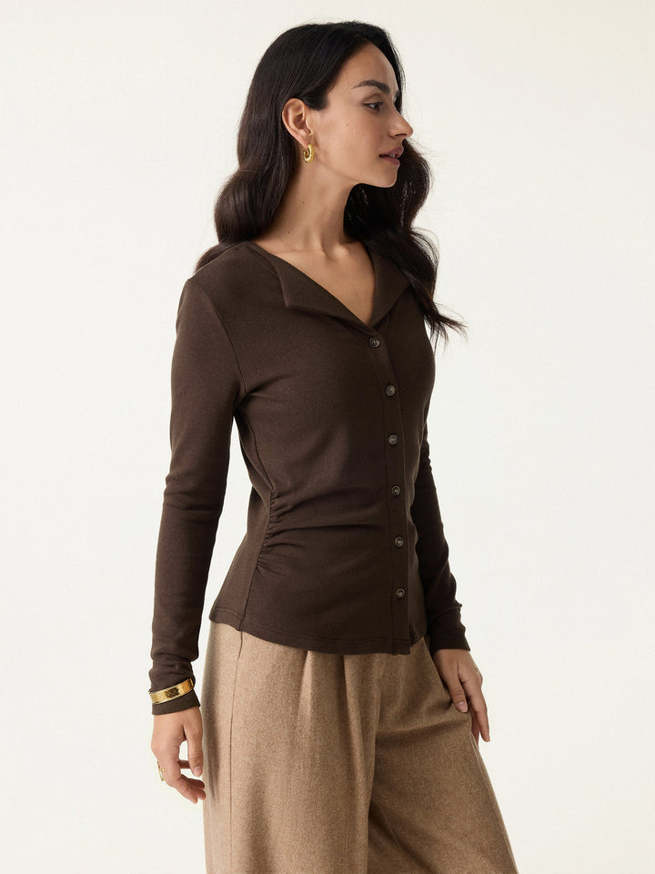 Flapped V-neck Button Front Side Ruched Top