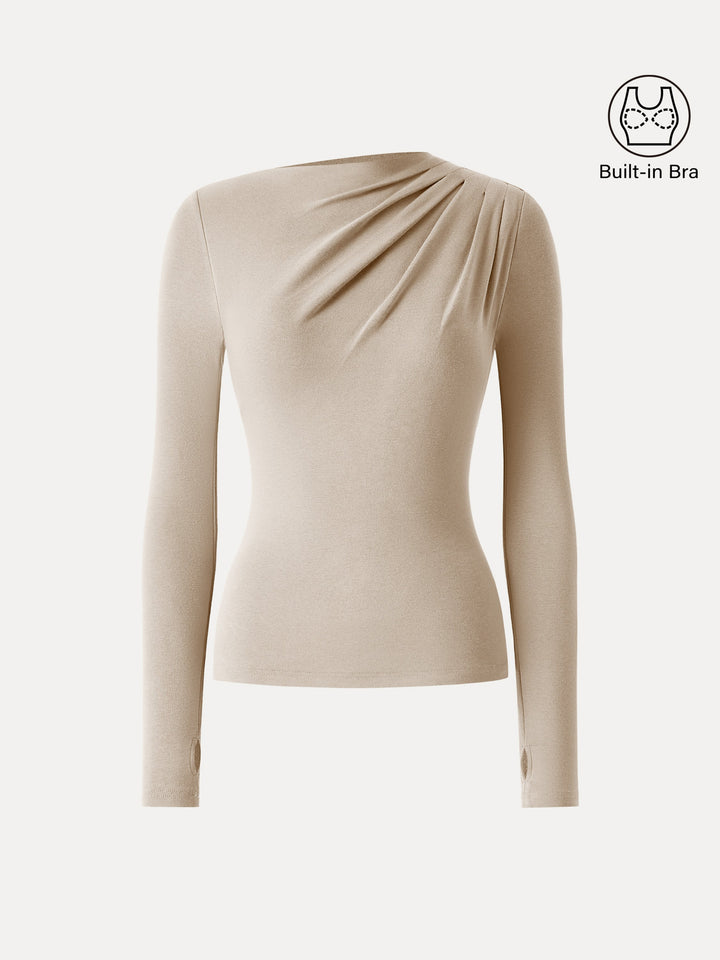 ProWarm Ruched Boatneck Long Sleeve Brami with Thumbholes Natural Calico XS