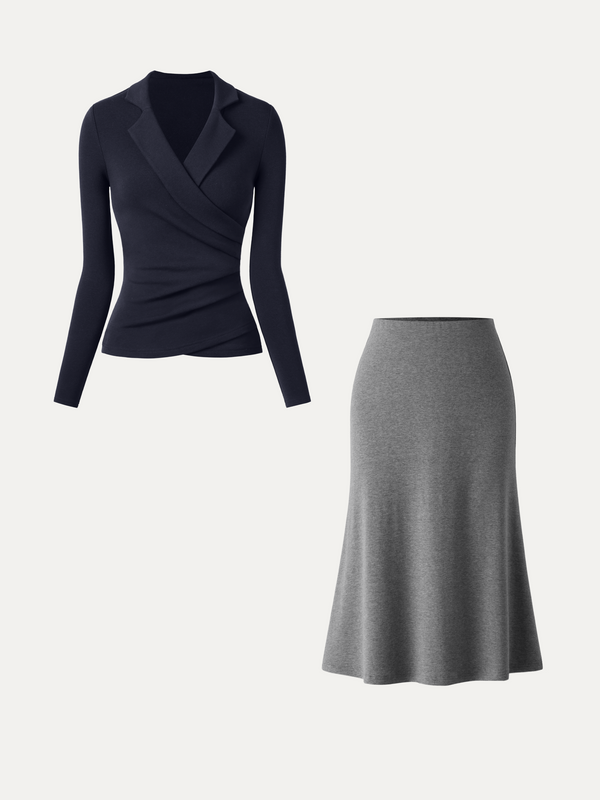 OGLmove 2Pcs Set ProWarm Collared Surplice Top & Soft Thermal Pull-On Midi Skirt