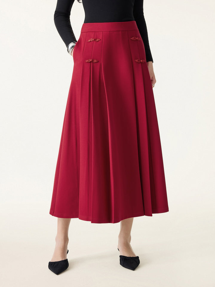 Pleated Frog Button Decor Midi A-line Skirt