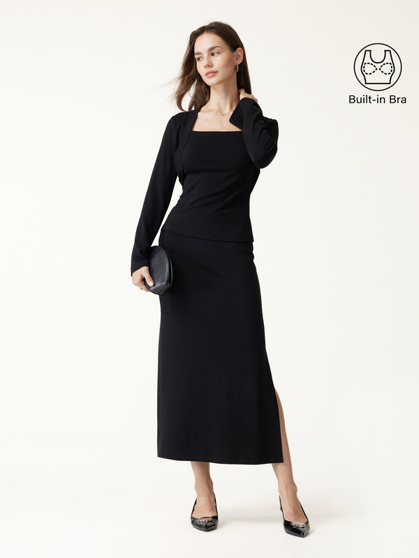 OGLmove 3Pcs Set Cardigan & Bra Cami & Side-Slit Column Midi Skirt Black XXS