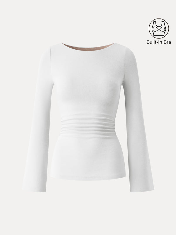 Boatneck Bell Sleeves Ruched Brami Top White XS