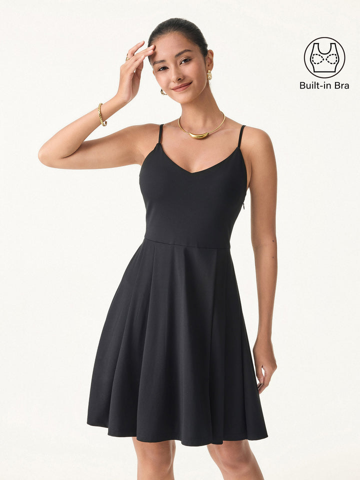 Bamboo Ponte V-neck Fit-and-flare Mini Brami Dress with Pockets