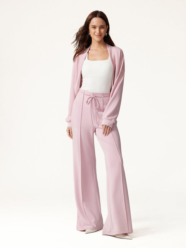 OGLmove 2Pcs Set Long Sleeve Drop-Shoulder Cardigan & High-Rise Flare Pants with Pockets Rose Quartz XXS
