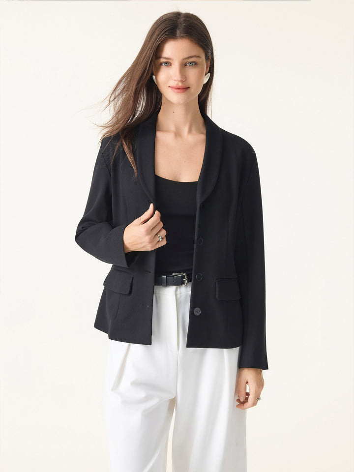 Stretch Shawl Lapel Button Front Blazer with Pockets Black S
