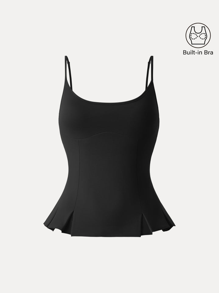 Icy Ponte U-neck Pleated Flared Hem Spaghetti Brami Black XS