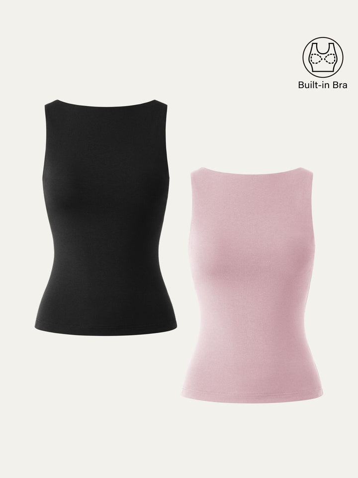 2Pcs Set Soft Boatneck New Airy Brami Tank Black/Light Pink XS