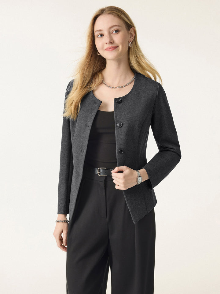 Stretch Ponte Button Front Blazer with Pockets