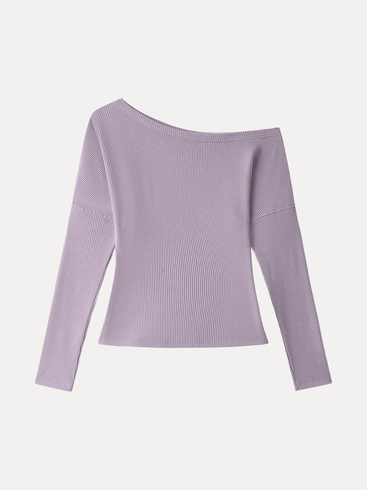 Ribbed Asymmetrical Neckline Long Sleeve Top Heather Lilac XS