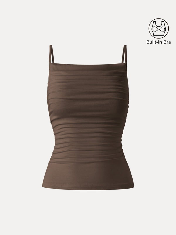 OGLmove Adjustable Spaghetti Straps Side Ruched New Airy Bra Tank Cocoa XS