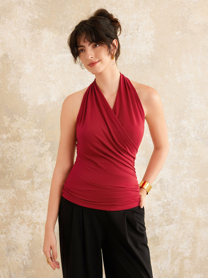 2Pcs Set Surplice Halter Neck Tank & Mid Rise Wide Leg Trouser with Pockets