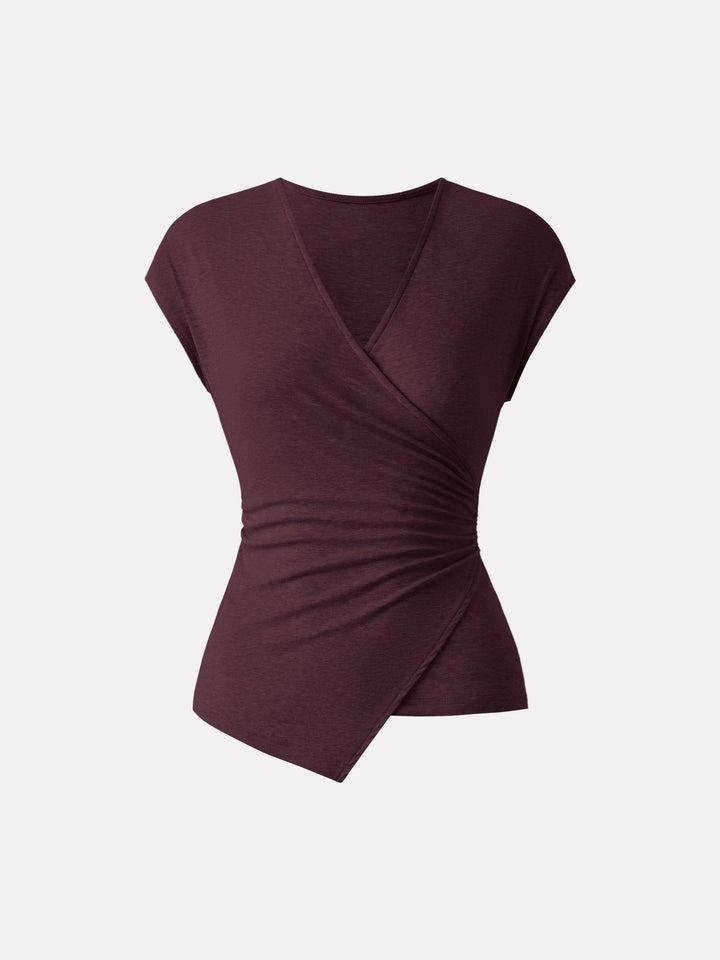 Lyocell Wool Surplice Cap Sleeve Asymmetrical Top Ruby Berry XS
