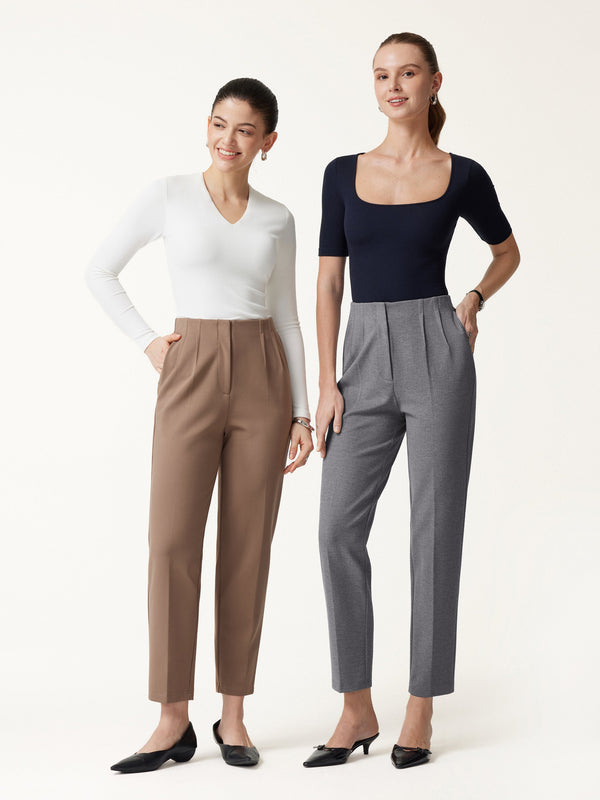 OGLmove Ponte Mid-Rise Ankled Tapered Tuck Pants with Pockets