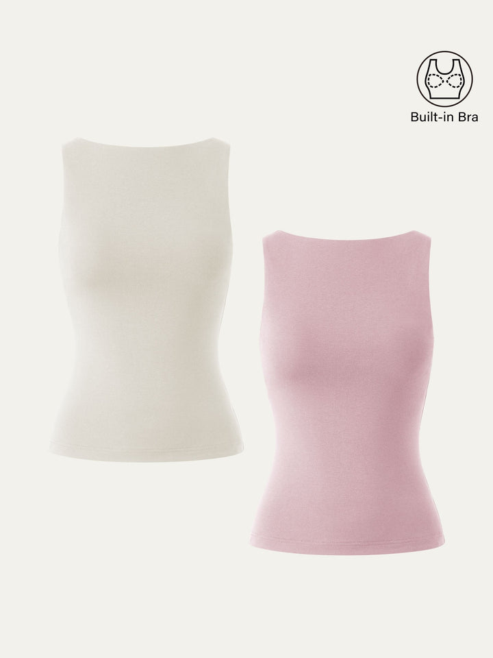 2Pcs Set Soft Boatneck New Airy Brami Tank Milk Cream/Light Pink XS