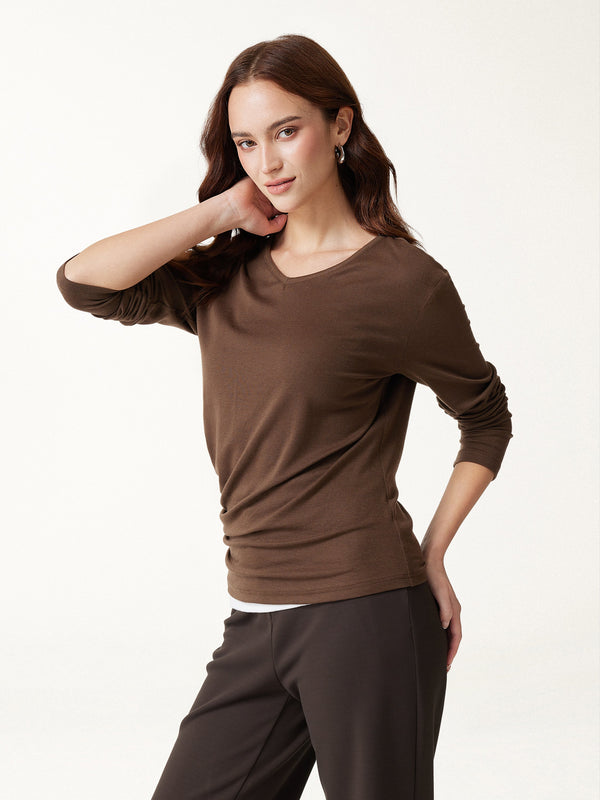 OGLmove LiteWarm V-Neck Long Sleeve Ruched Top Brunette Brown XXS