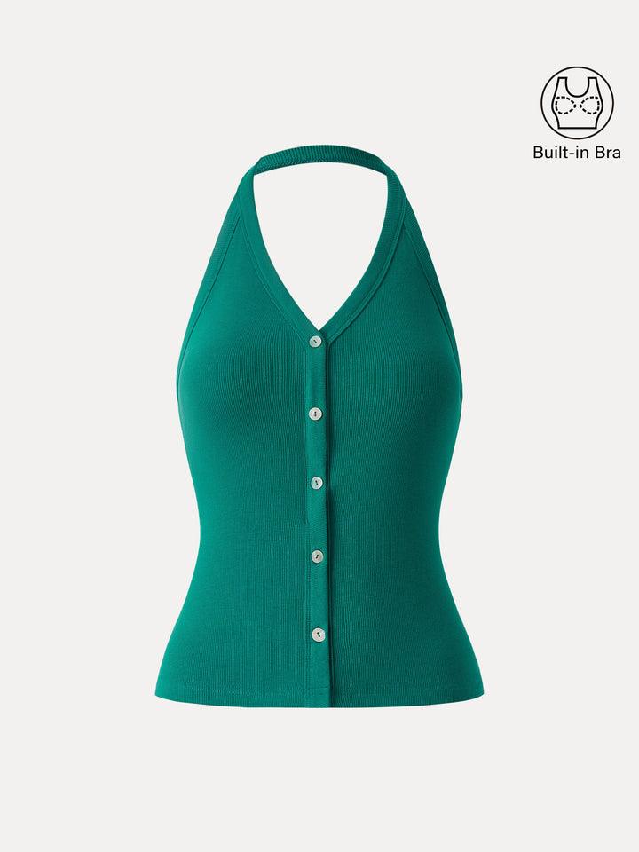 Stretch Cotton Halter Neck Faux Button Placket Brami