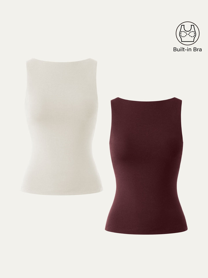 2Pcs Set Soft Boatneck New Airy Brami Tank Milk Cream/Ruby Red XS
