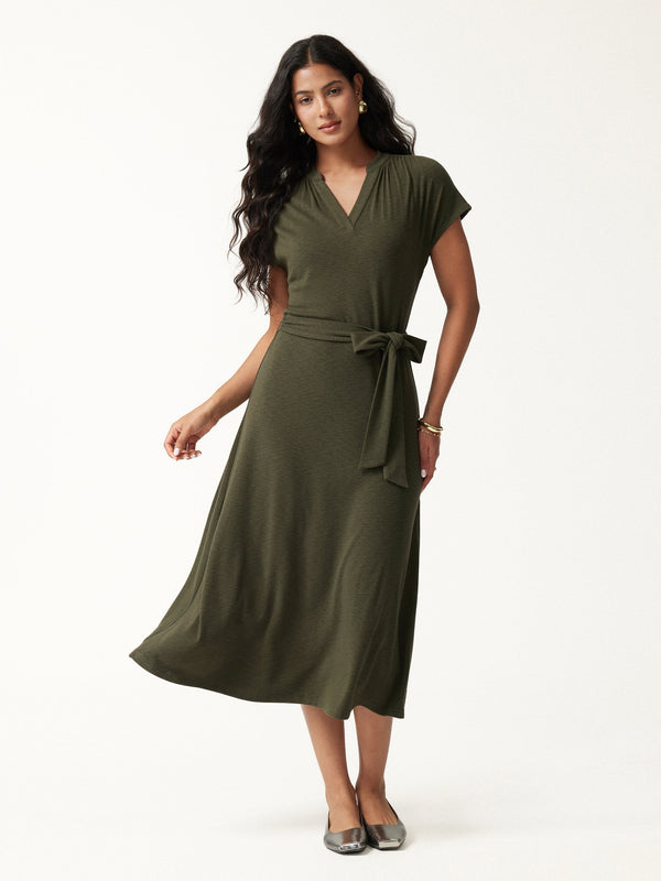 OGLmove V-Neck Short Sleeve Belted Midi Dress