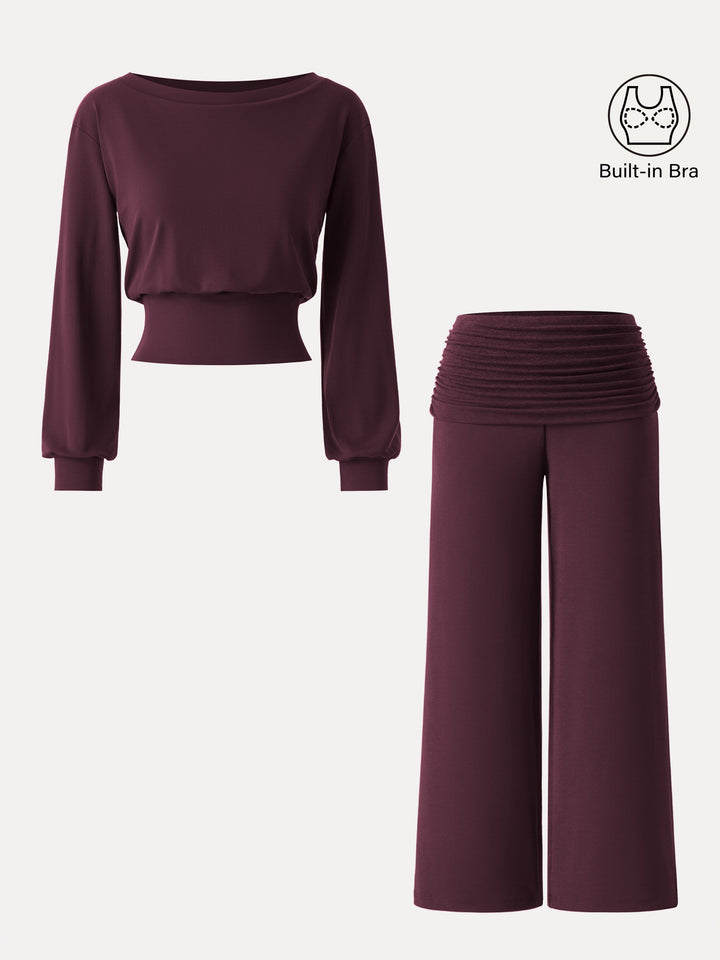 2Pcs Set Boatneck Brami & Drapey Wide Leg Pull-on Pants with Pockets Ruby Berry XS