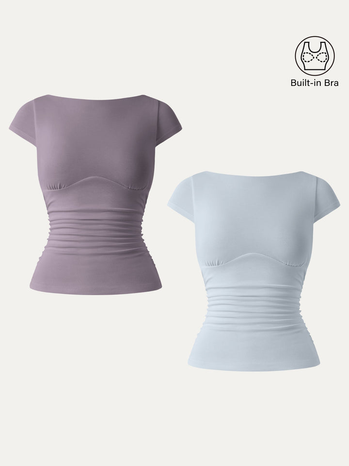 2Pcs Set Sandwashed Boatneck Cap Sleeve Ruched Brami Taro Tea/Smoke Blue XS