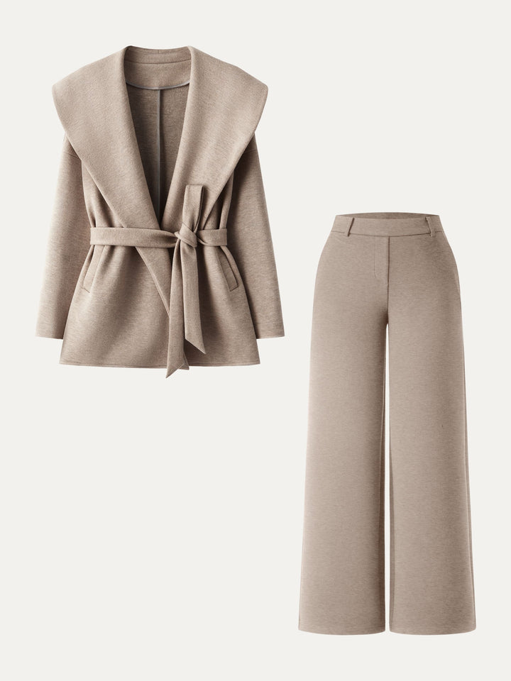 2Pcs Set Belted Shawl Collar Robe Jacket & Mid Rise Straight Pants with Pockets Heather Taupe XS