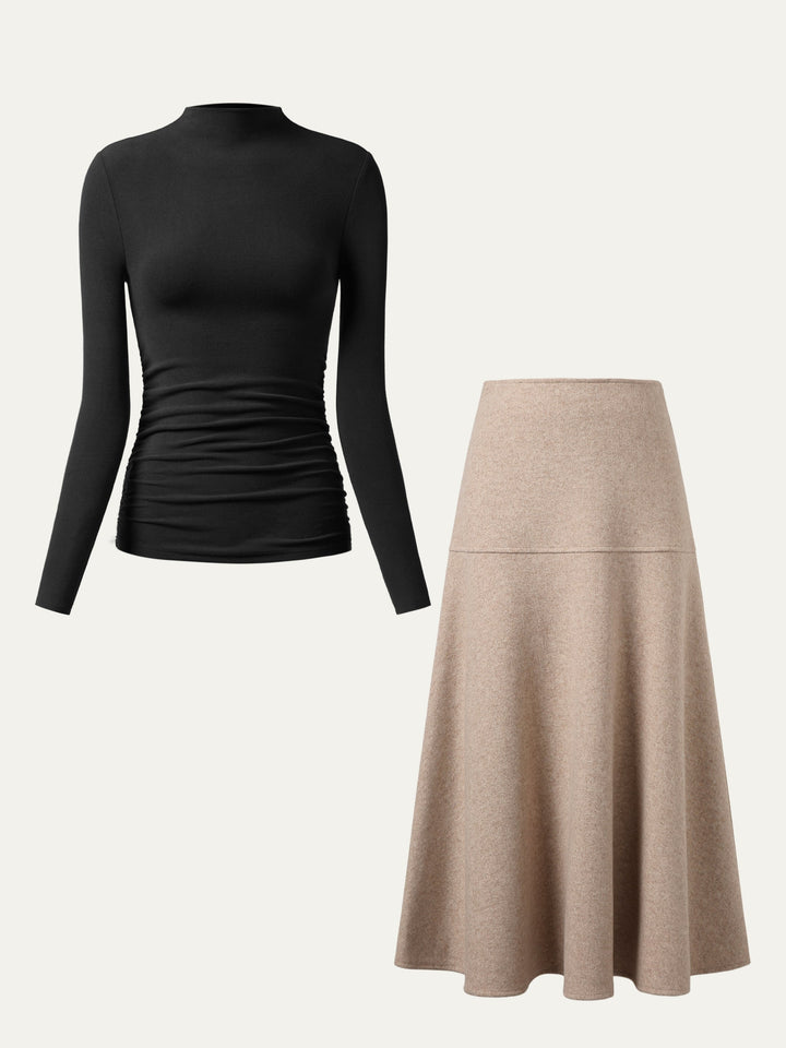 2Pcs Set Ruched Sides Tuckable Mockneck Top & Flared Maxi Skirt Black/Heather Oatmeal XS