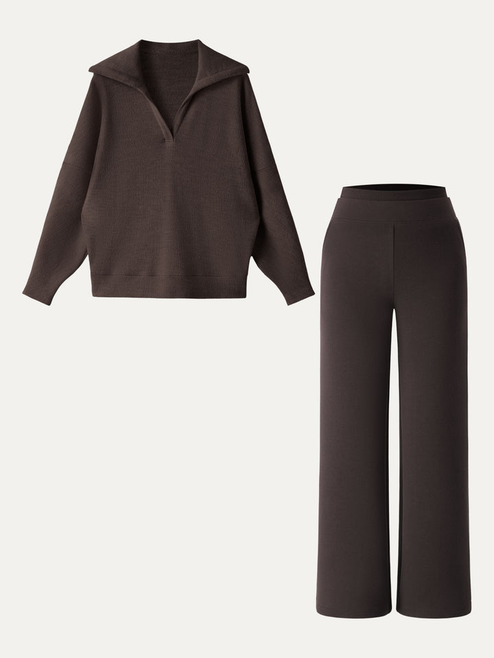 2Pcs Set Regular Double Waistband Straight Pants & V-Neck Batwing Sleeve Pullover Black Chocolate/Espresso XS