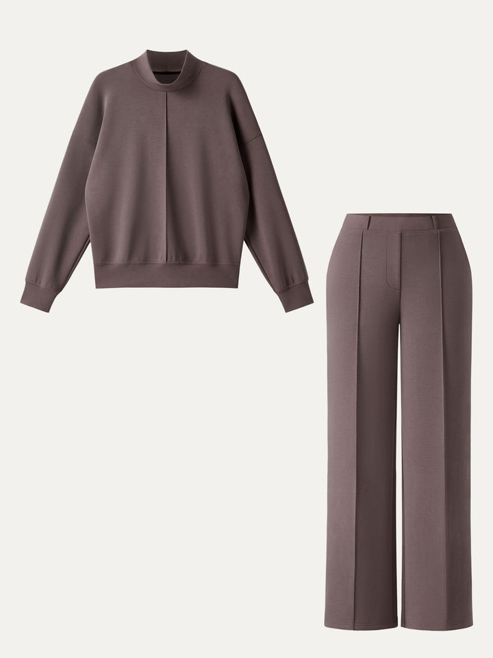2Pcs Set Mockneck Pullover Shirt & Mid Rise Straight Leg Pants with Pockets