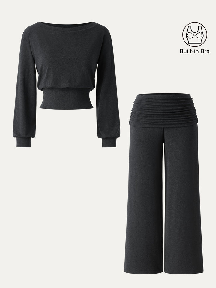 2Pcs Set Boatneck Brami & Drapey Wide Leg Pull-on Pants with Pockets