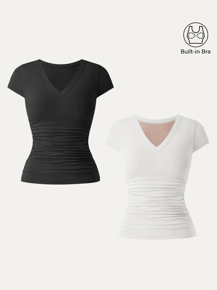 2Pcs Set Elevated V-neck Side Ruched Cap Sleeve Brami Tee Black/Pure White XS