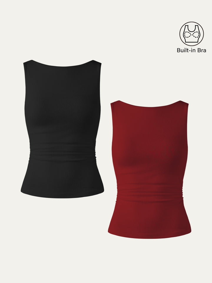 2Pcs Set Elastic Open Back Brami Tank Black/Retro Red XS