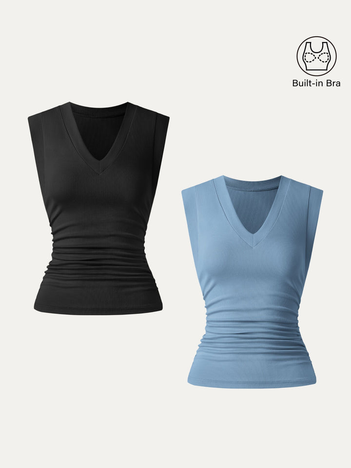 2Pcs Set Brami Stretch Cotton V-neck Side Ruched Muscle Top Black/Dusk Blue XS