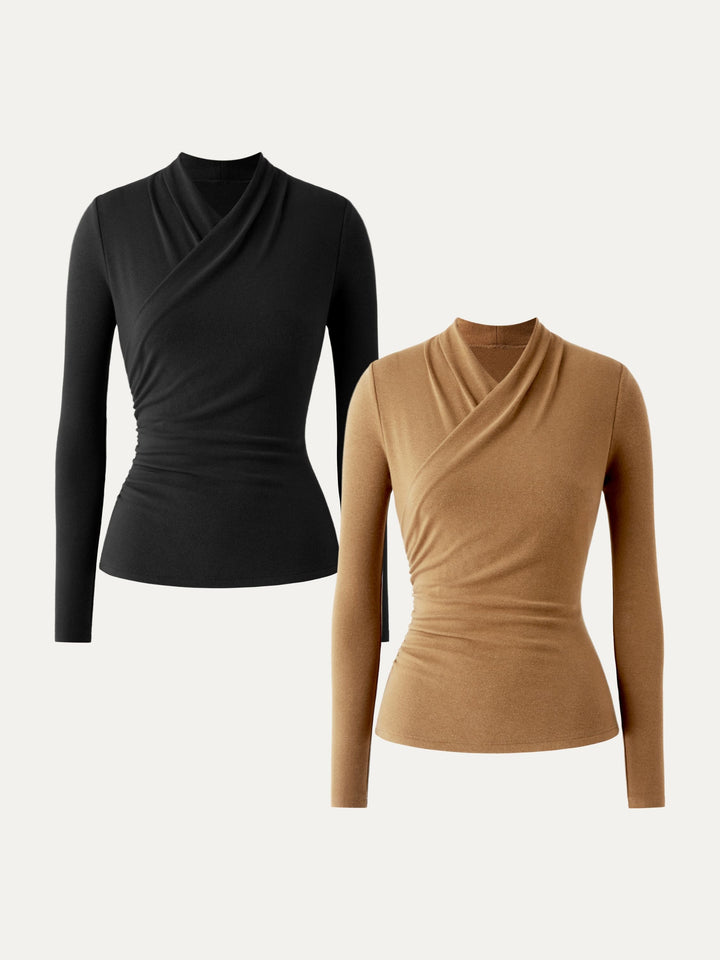 2Pcs Set Surplice Long Sleeve Top Black/Cinnamon Buff XS