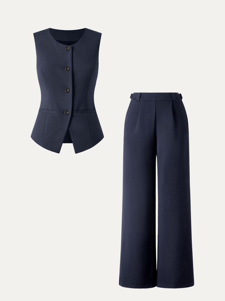 2Pcs Set Office Staple Waistcoat with Pockets & High Rise Pull-on Wide Leg Pant Black Navy XS