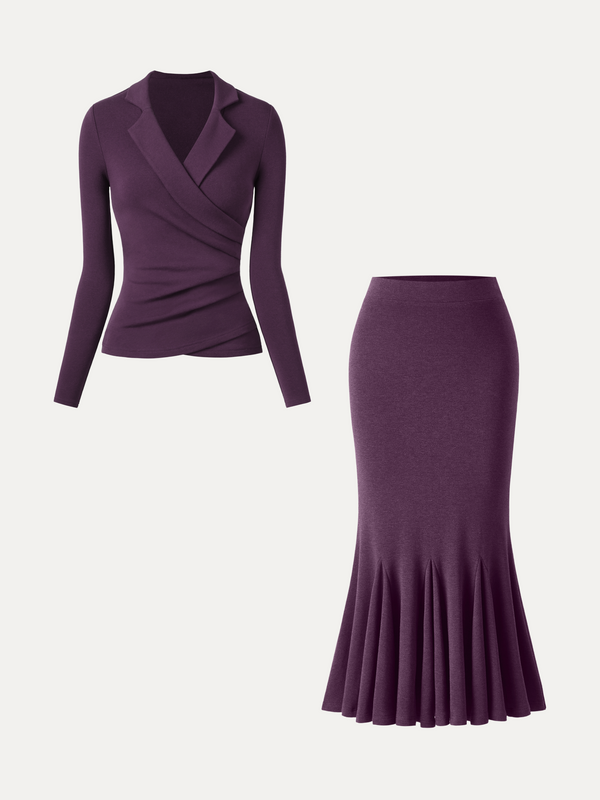 OGLmove 2Pcs Set ProWarm Collared Surplice Top & High-Rise Mermaid Midi Skirt