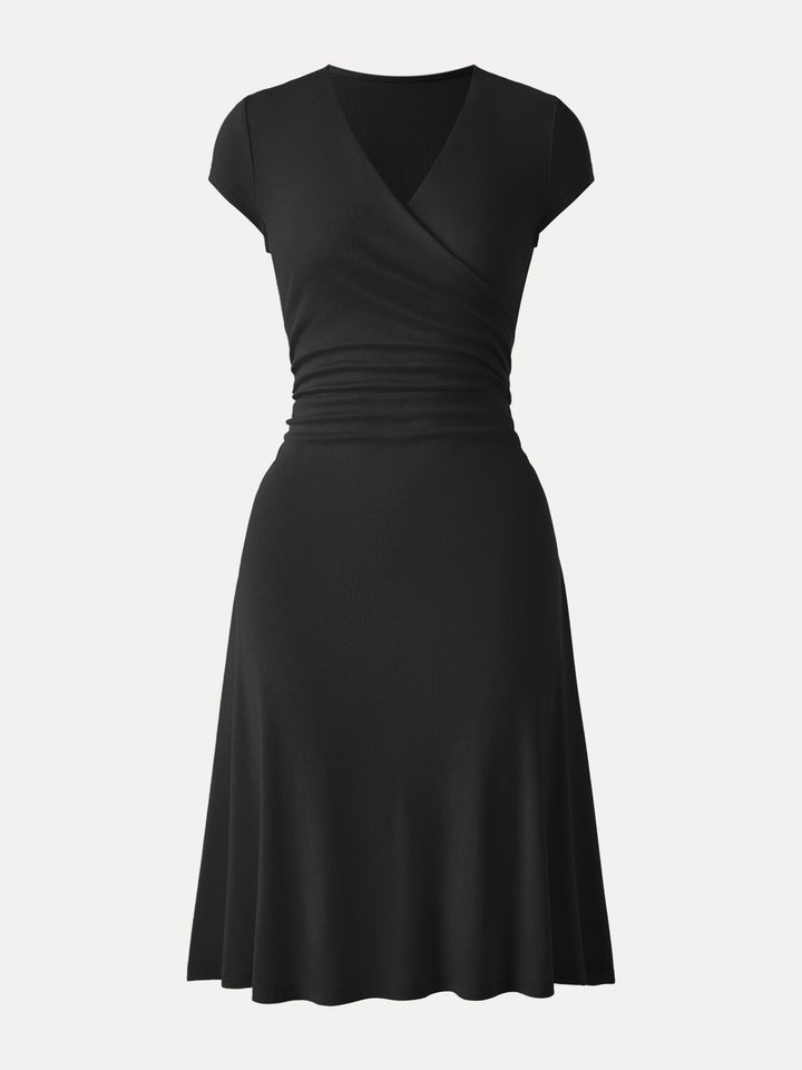 Stretch Cotton Surplice V-neck Cap Sleeve Midi Dress Black XS