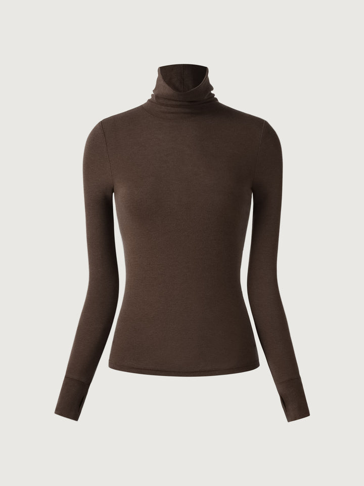 Wool Semi-Sheer Turtleneck Top Espresso XS