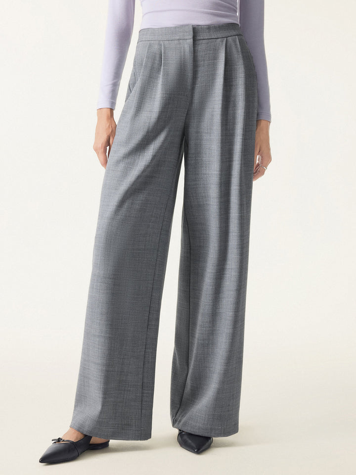 4-way Stretch Wool Mid Rise Pleated Wide Leg Trousers with Pockets Heather Grey XS