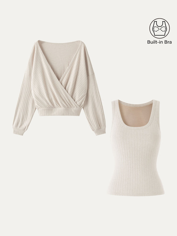 OGLmove 2Pcs Set Wide U-Neck Sleeveless Bra Top & Crossover Long Sleeve Banded Hem Top Fog Ivory Beige XXS