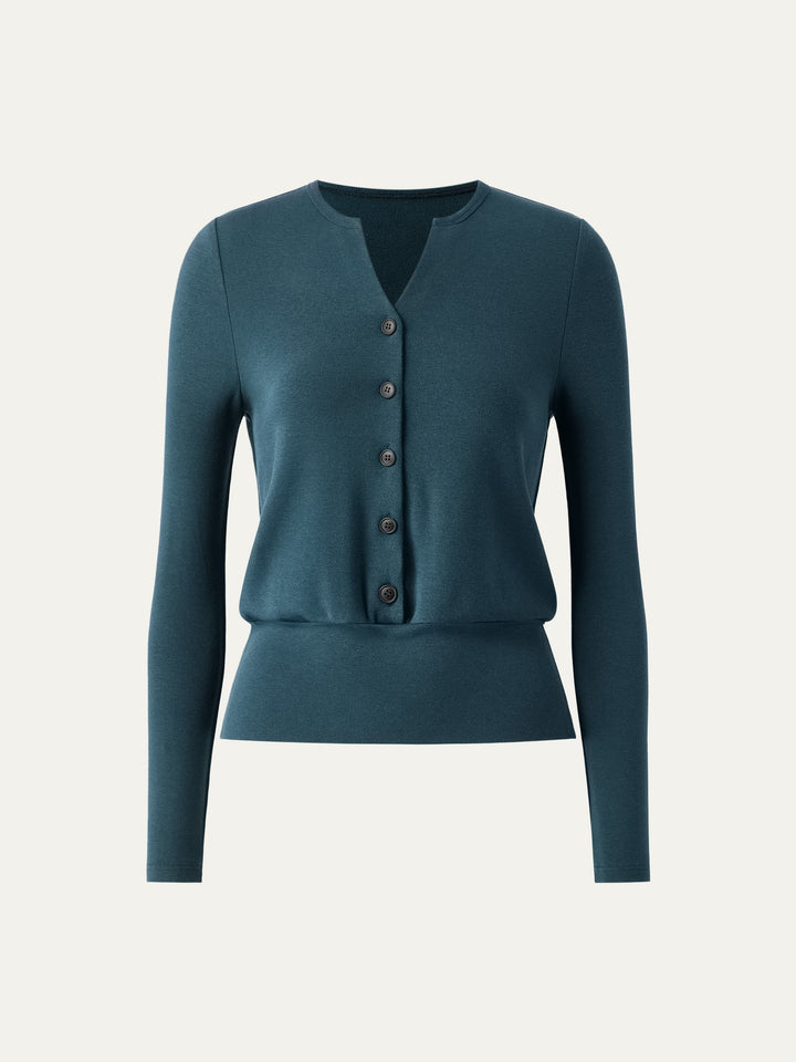 V-Neck Long Sleeve Half-Placket Top Forest Night XS