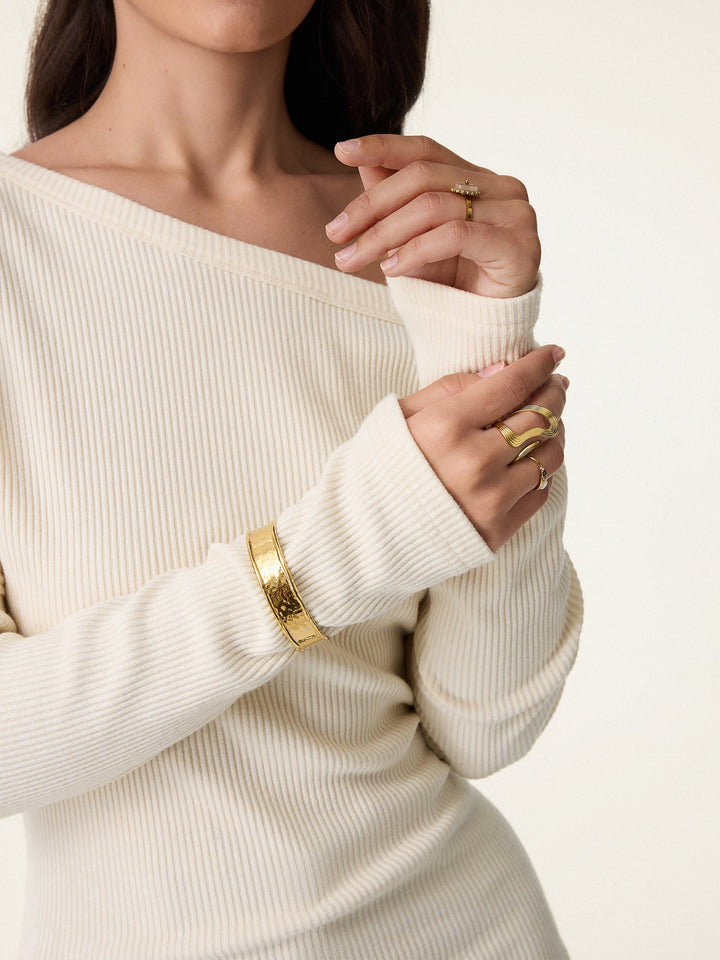 Ribbed Asymmetrical Neckline Long Sleeve Top