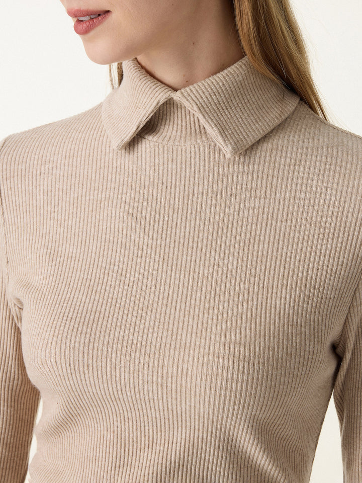 Ribbed Stand Collar Long Sleeve Top