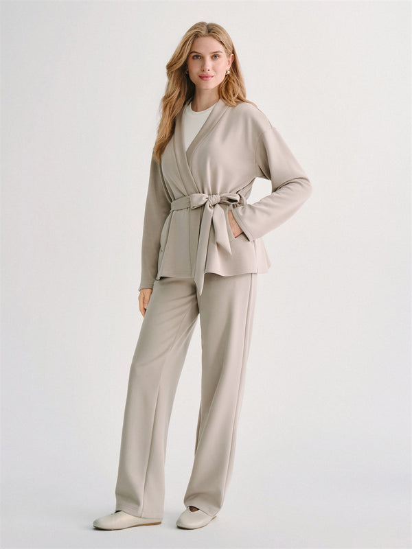 OGLmove 2Pcs Set MaxWarm Belted Wrap Cardigan Coat with Poclets & High-Rise Straight-Leg Pants with Pockets