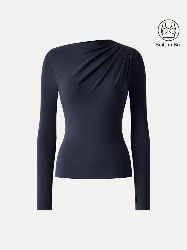 ProWarm Ruched Boatneck Long Sleeve Brami with Thumbholes Smoky Navy XS