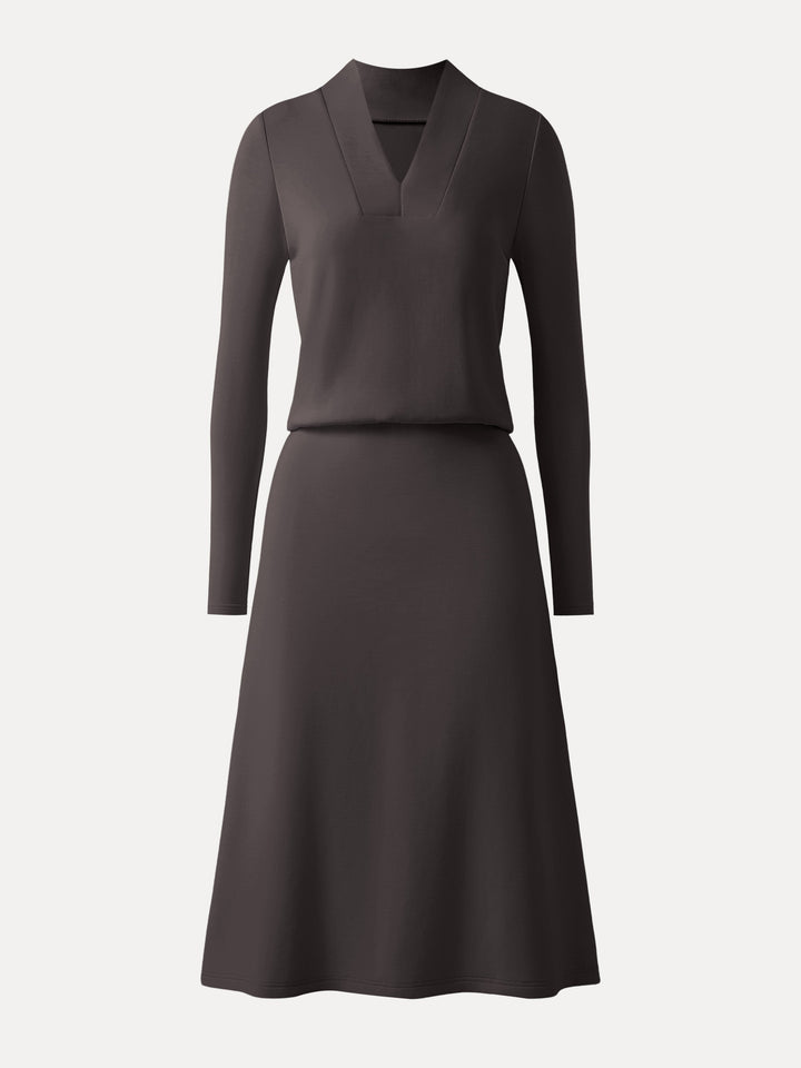 Elevated V-neck Long Sleeve Cinched Midi Dress Black Chocolate XS