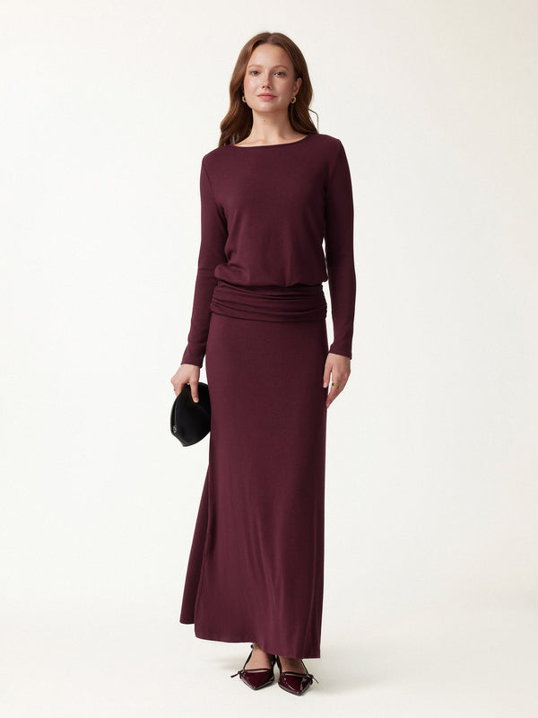 OGLmove 2Pcs Set Boatneck Long Sleeve Top & High-Rise A-Line Maxi Skirt Ruby Berry XXS