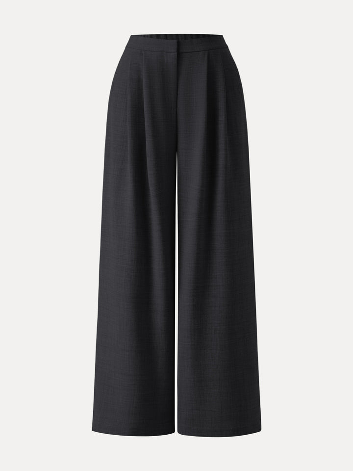 4-way Stretch Wool Mid Rise Pleated Wide Leg Trousers with Pockets Black XS