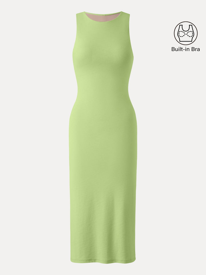 Stretch Cotton Crewneck Midi Brami Dress with Back Slit Peridot XS