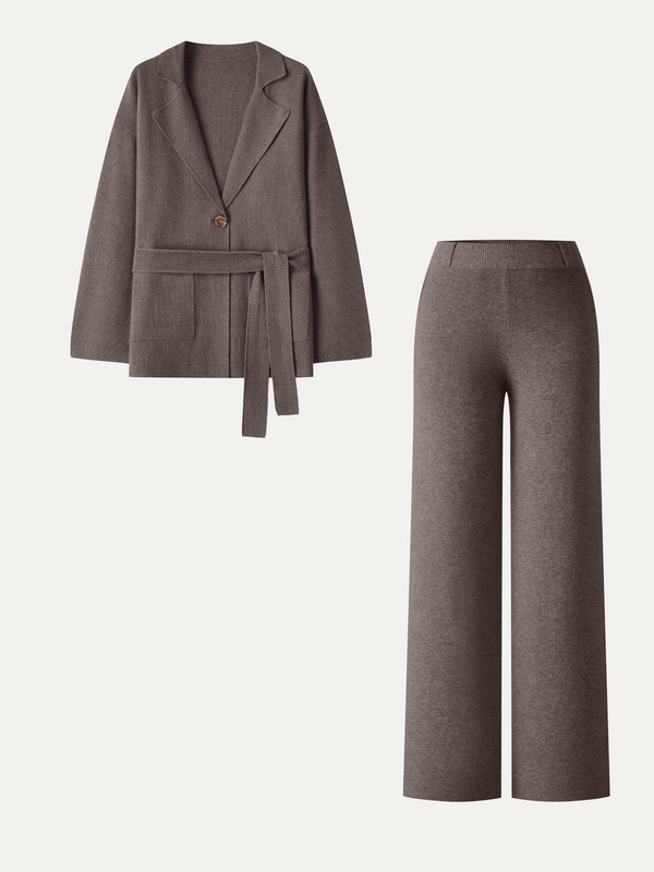 OGLmove 2Pcs Set Peaked Lapel Long Sleeve Belted Cardigan with Pockets & Mid Rise Straight-Leg Pants with Pockets