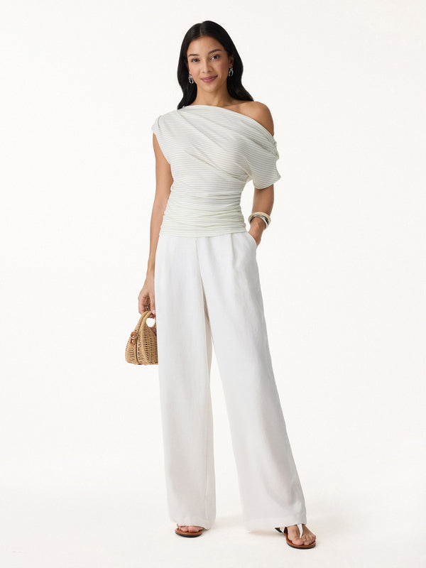 OGLmove Striped Asymmetrical Neck Ruched Top